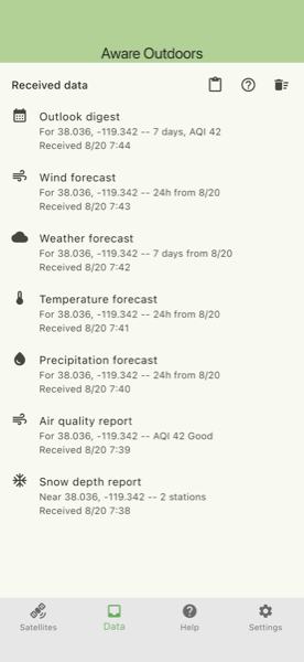 The Data tab, listing received rich-view replies
