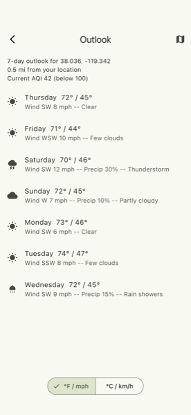 A multi-day outlook shown as a rich view in the app